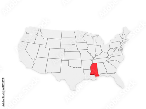 Three-dimensional map of Mississippi. USA.