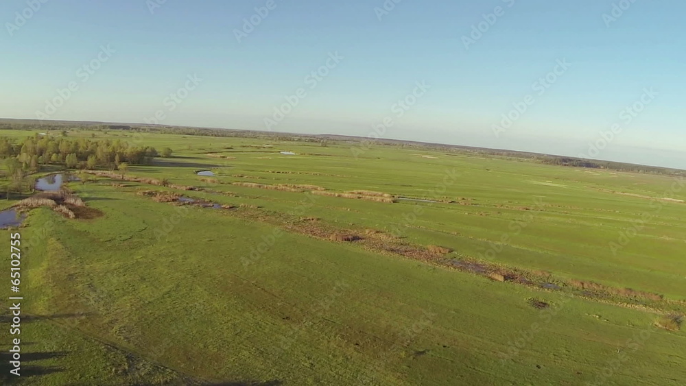 Morning landscape with field , wood, lake . Aerial Morning landscape with field , wood, lake . Aerial