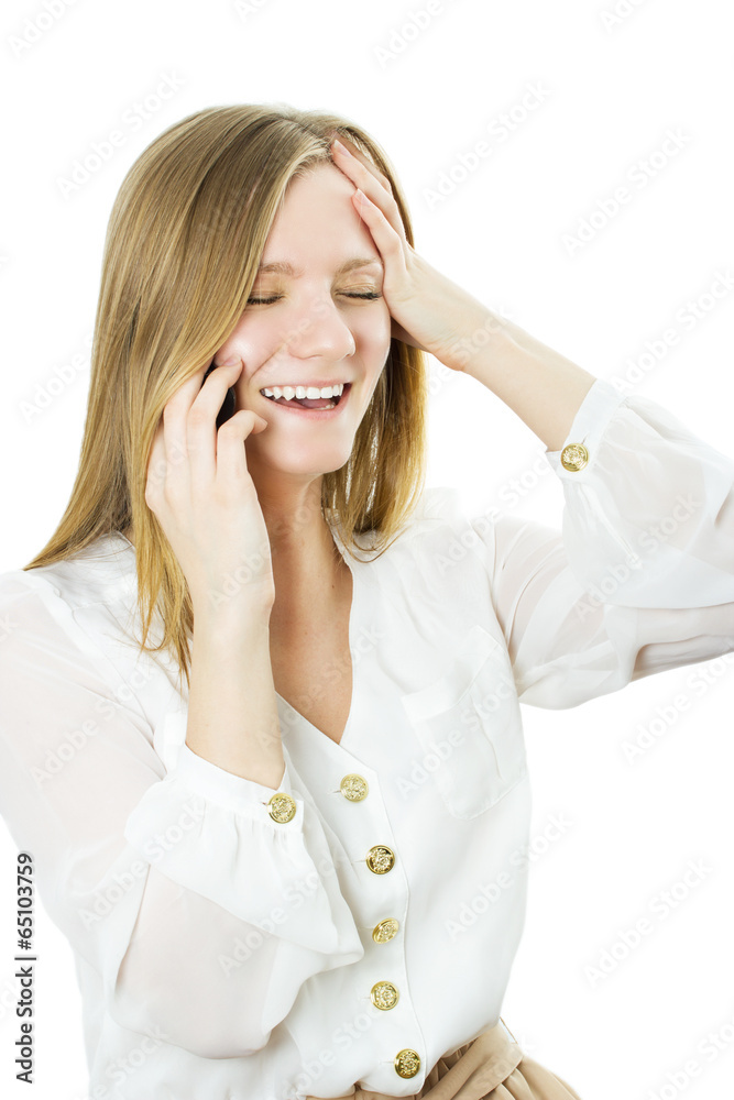 The girl speaks by phone The girl speaks by phone