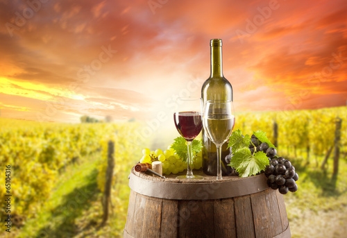 Fototapeta Naklejka Na Ścianę i Meble -  Wine still life with vineyard on backgorund
