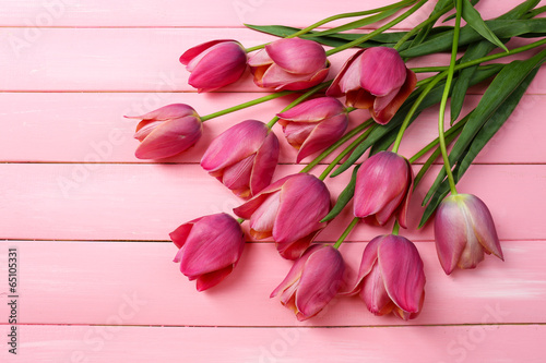 Fototapeta Naklejka Na Ścianę i Meble -  Beautiful pink tulips on wooden background