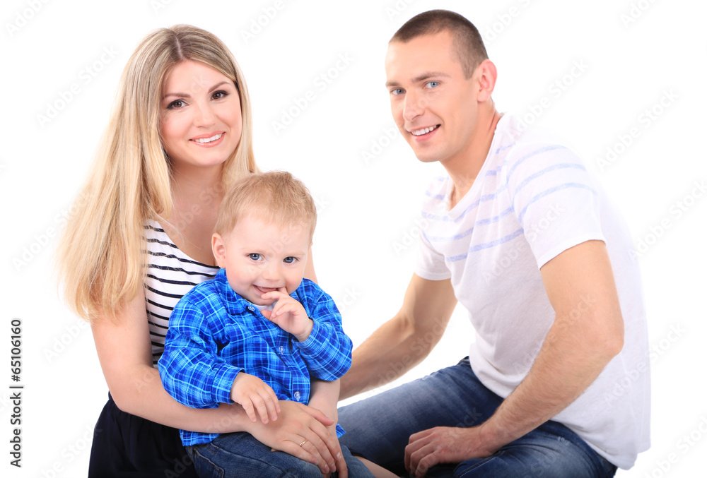 Happy young couple with small baby isolated on white Happy young couple with small baby isolated on white