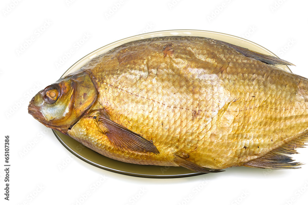 Bream fish smoked closeup on a white background.