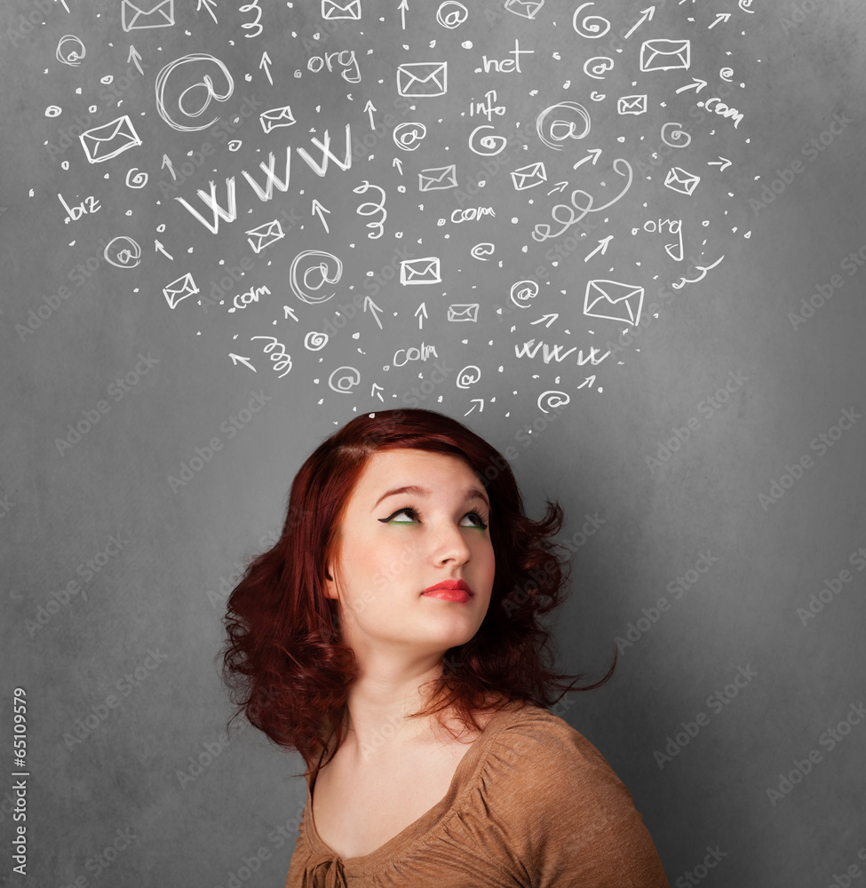 Young woman thinking with social network icons above her head