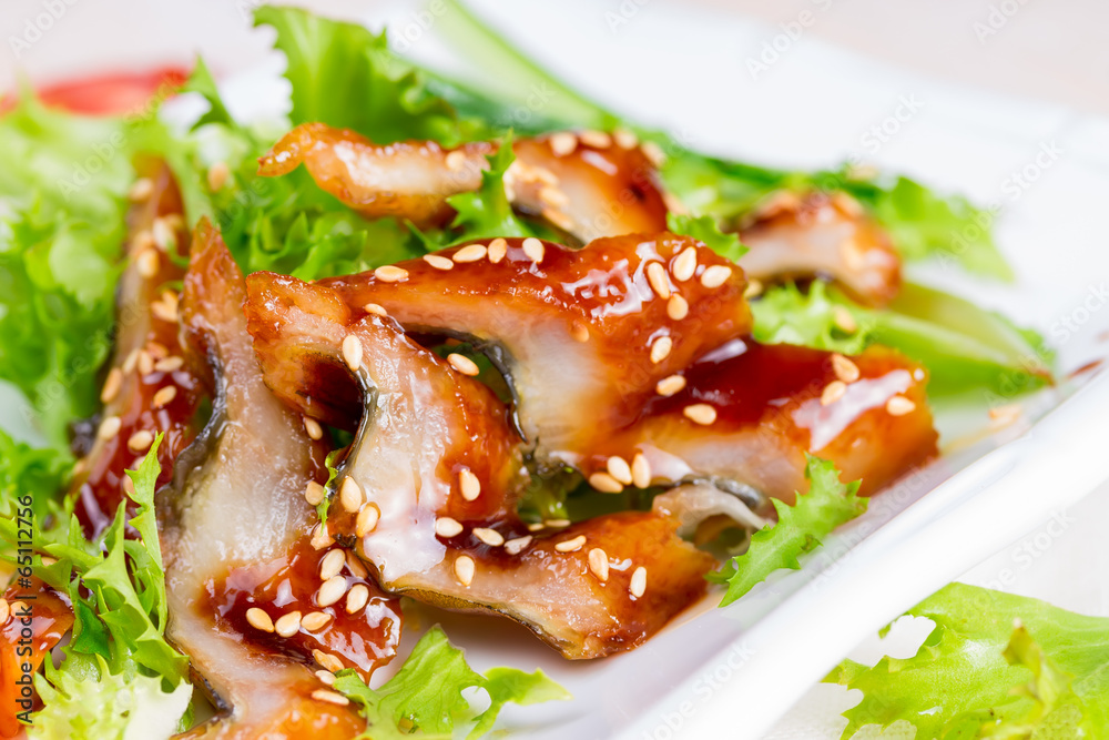 Salad with smoked eel and unagi sauce