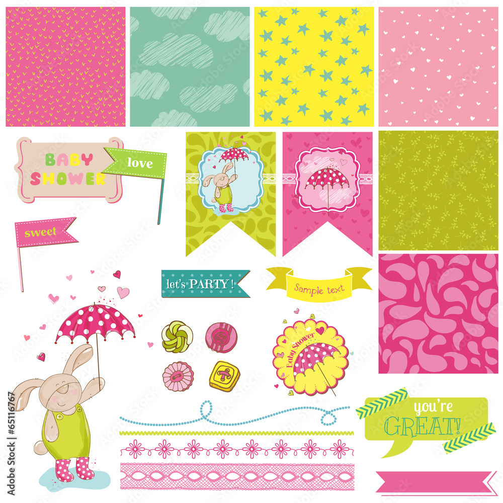 Baby Bunny Shower Theme - Scrapbook Design Elements - in vector