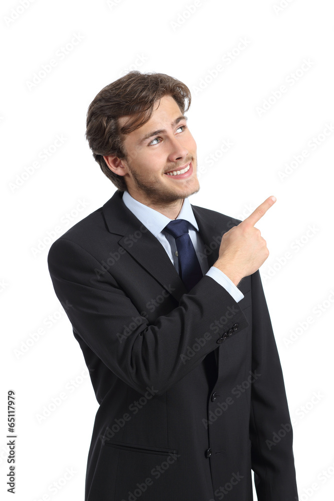 Handsome business man pointing at side presenting a product Handsome business man pointing at side presenting a product