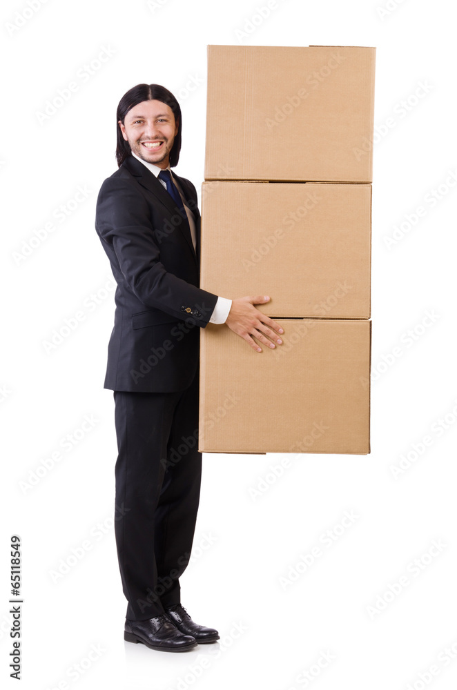 Funny man with boxes on white Funny man with boxes on white