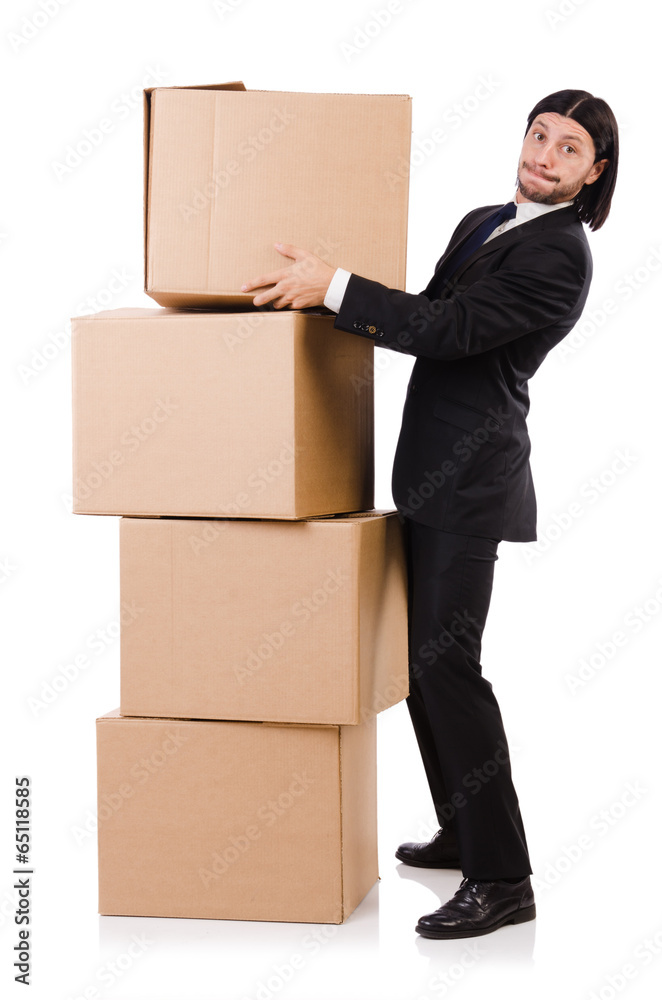 Funny man with boxes on white Funny man with boxes on white