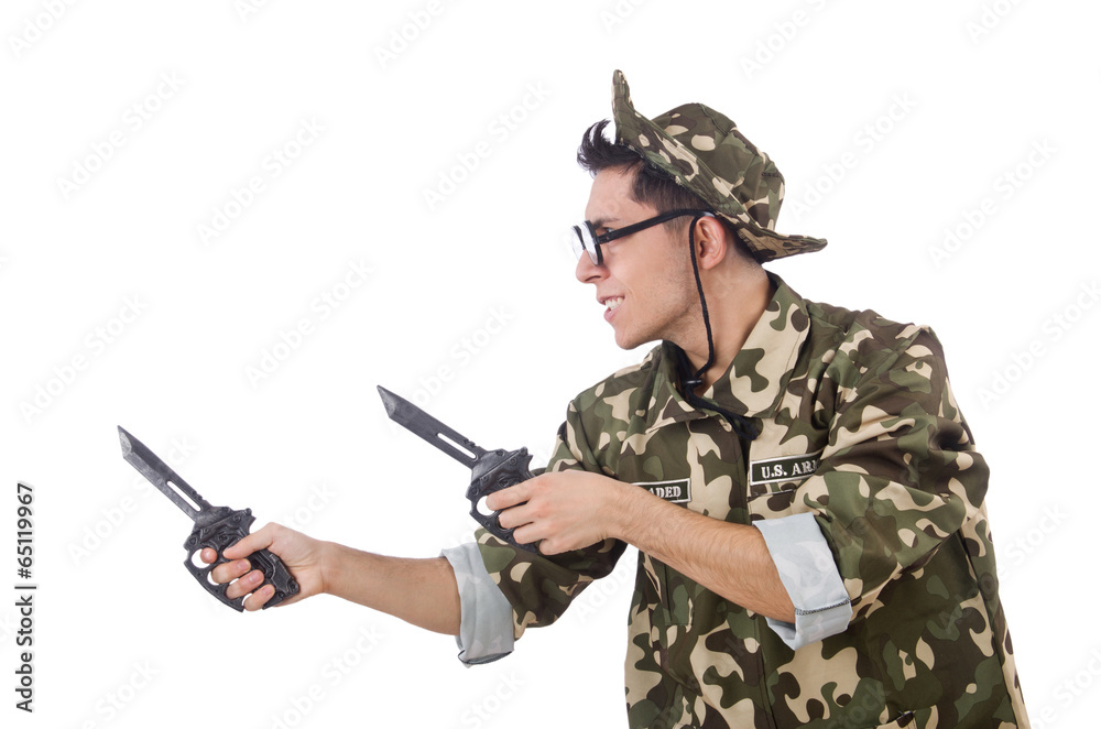 Funny soldier with knife on white Funny soldier with knife on white