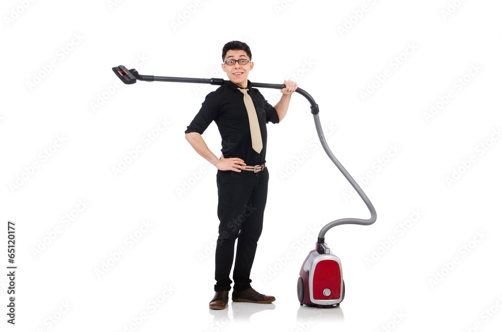 Man with vacuum cleaner isolated on white