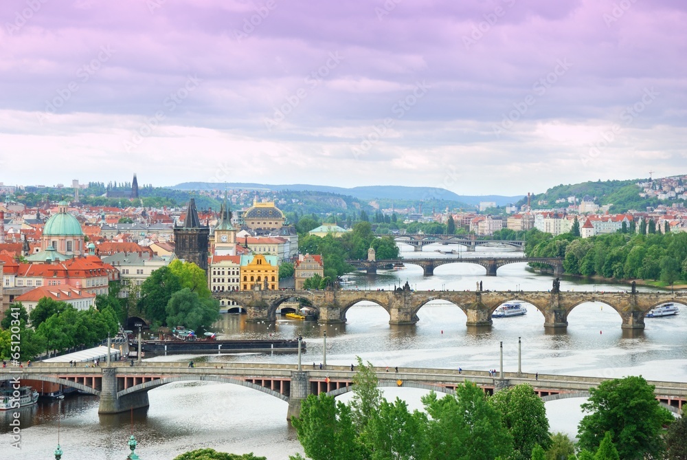 Obraz premium Prague and its multiple bridges across Vltava river