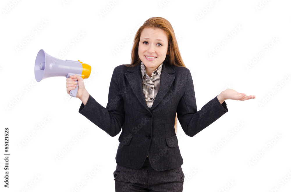 Woman with loudspeaker isolated on the white Woman with loudspeaker isolated on the white