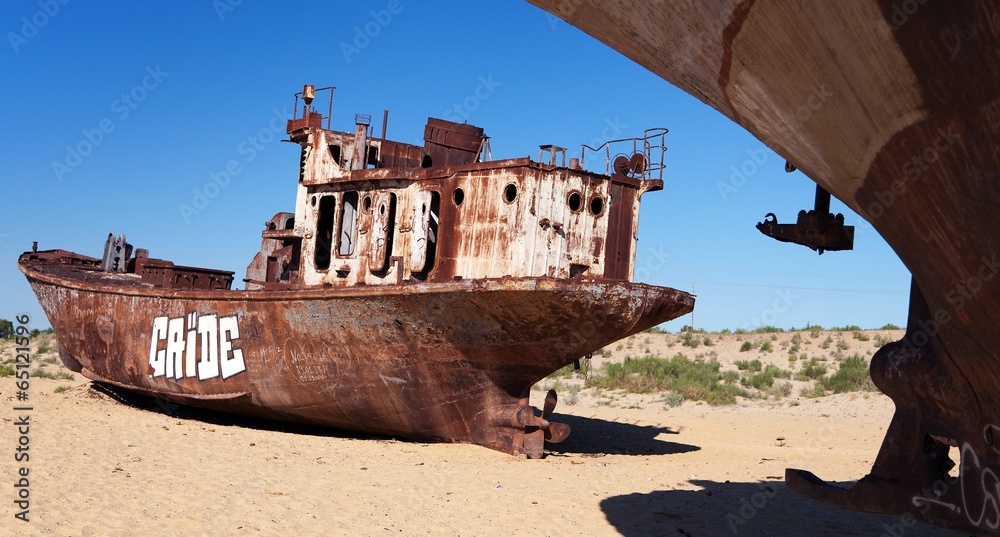 Boats in desert around Moynaq - Aral sea - Uzbekistan - asia