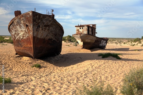 Boats in desert around Moynaq - Aral sea - Uzbekistan