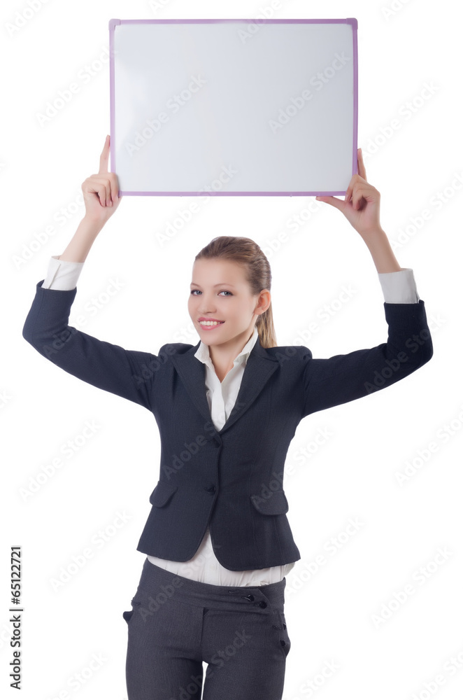 Woman businesswoman with blank board on white Woman businesswoman with blank board on white