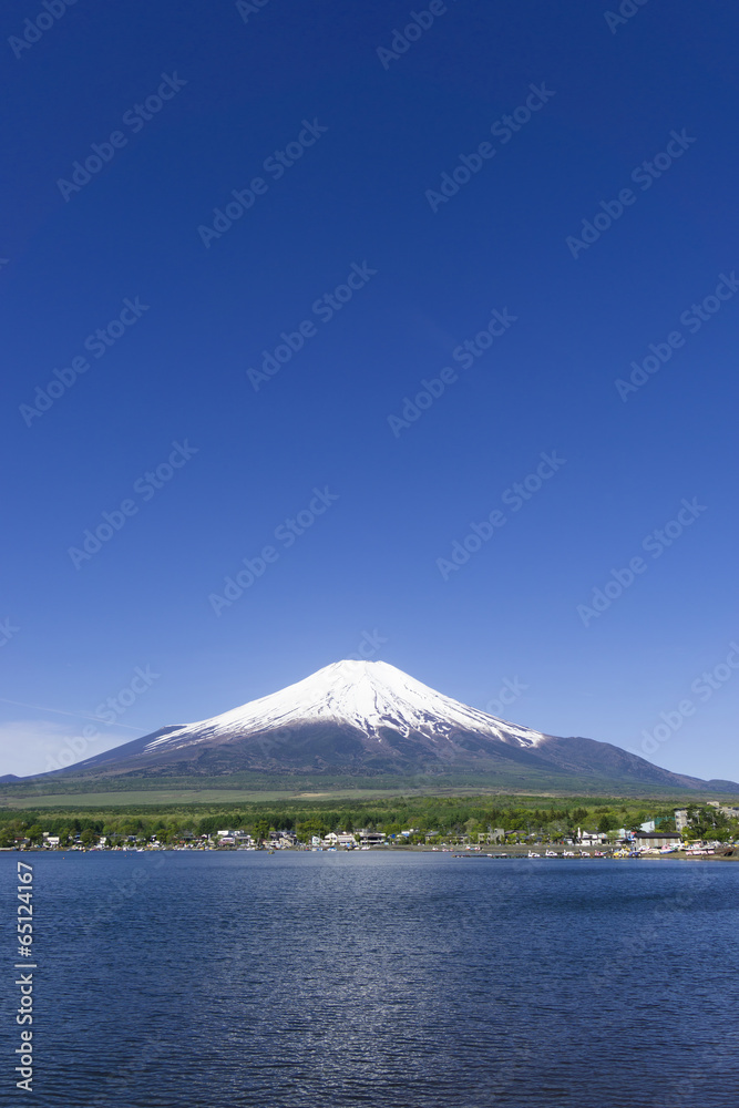 快晴青空、春の富士山と山中湖