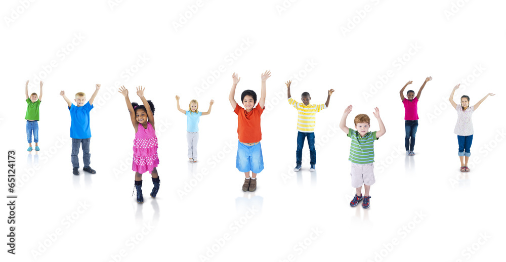 Multi-Ethnic Children with Their Arms Raised
