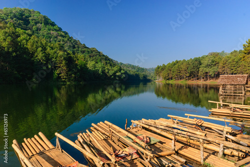 Bamboo raft on Pang Ung reservoir lake. Pang ung Thailand