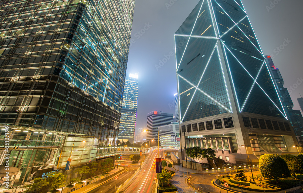 Upward view of Hong Kong Central skyscrapers at night Upward view of Hong Kong Central skyscrapers at night