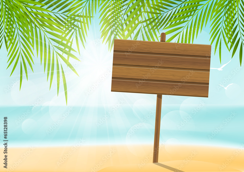 Naklejka premium Summer beach background with signboard
