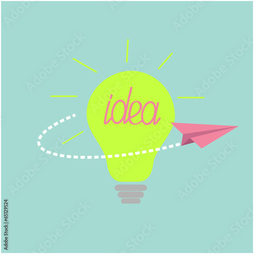 Origami paper plane flying around the idea light bulb. Flat desi