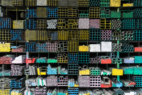 Steel Pipes bunch on the rack in warehouse