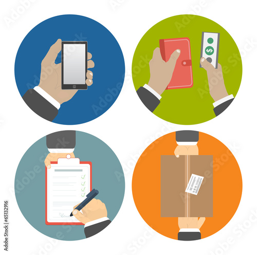 Set of hands clients purchasing