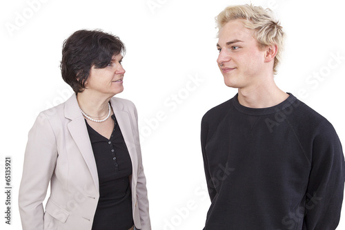 Business Woman and Young Man converse photo