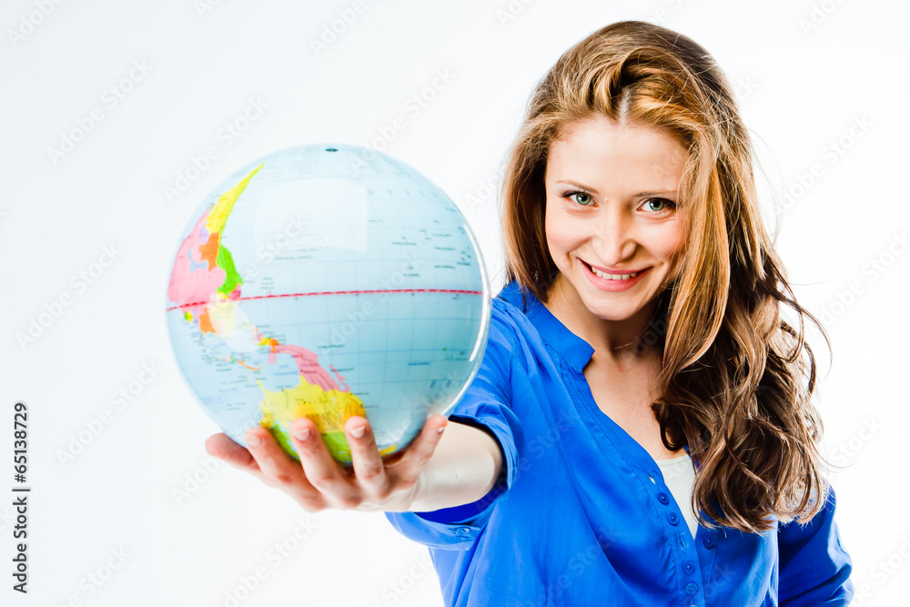young and beautiful woman with globe young and beautiful woman with globe