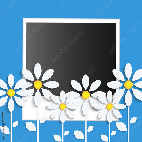 Photo card with paper flowers  on a blue background
