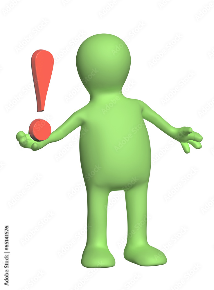3d puppet with exclamation mark of red color 3d puppet with exclamation mark of red color