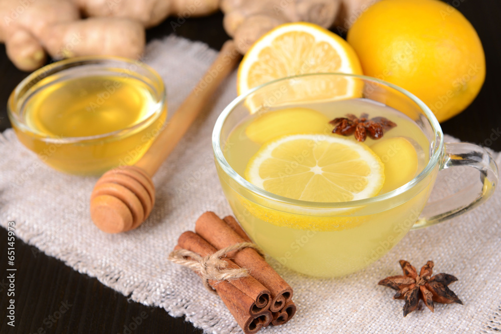 Healthy ginger tea with lemon and honey on table close-up Healthy ginger tea with lemon and honey on table close-up