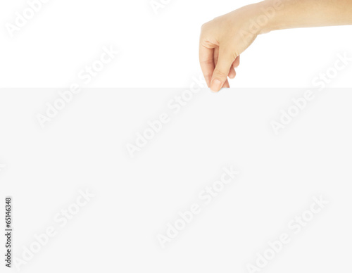 Hand holding paper isolated on white