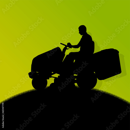 Man with lawn mower tractor cutting grass in field landscape bac