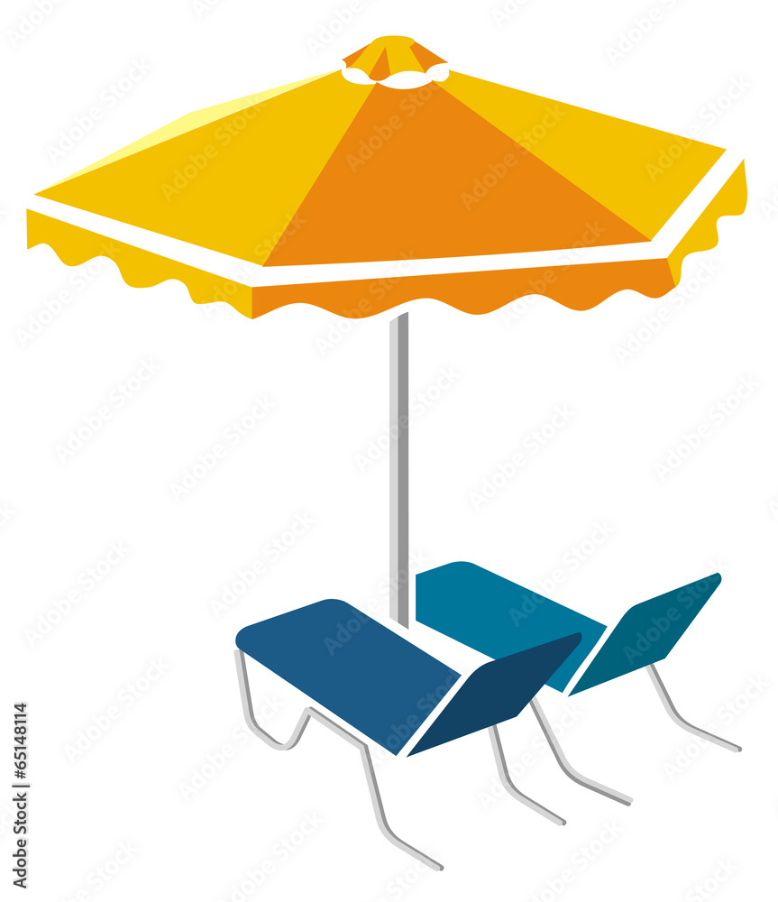 Blue sunbeds and yellow umbrella Blue sunbeds and yellow umbrella