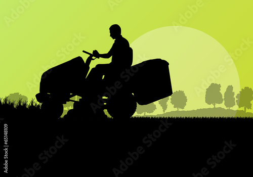 Man with lawn mower tractor cutting grass in field landscape bac