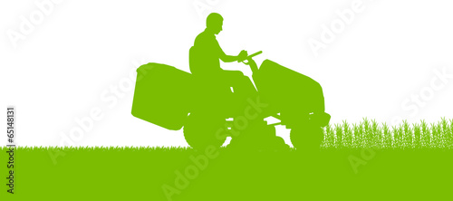 Man with lawn mower tractor cutting grass in field landscape abs