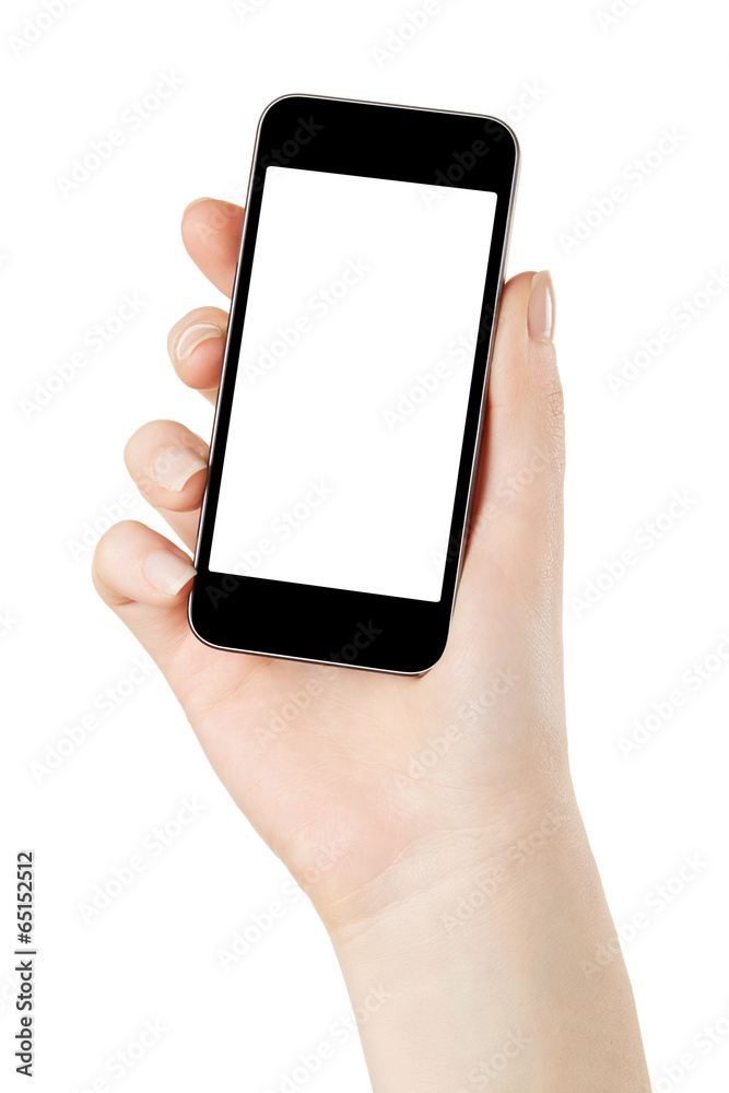 Smart phone in hand on white, clipping path