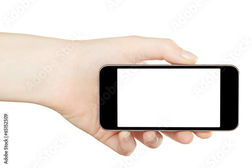 Smartphone in hand, horizontal on white, clipping path