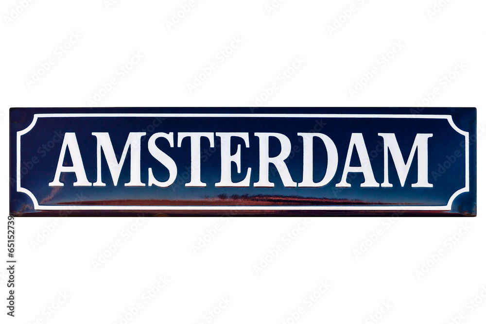 Vintage enamel street sign with the text Amsterdam