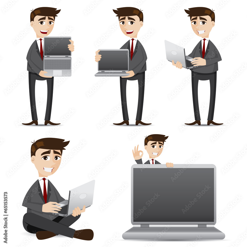 cartoon businessman with computer laptop set cartoon businessman with computer laptop set