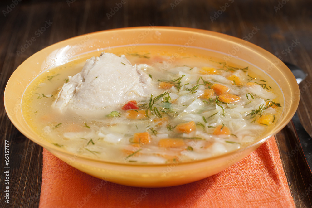 Soup of chicken breasts with vegetables  .