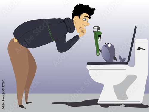 Man is fixing plumbing with his pet fish