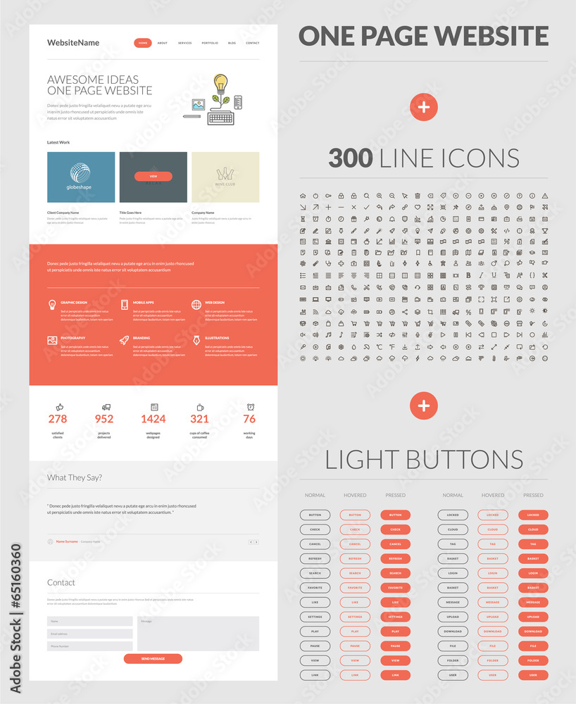 One page website design template, set of icons and buttons One page website design template, set of icons and buttons