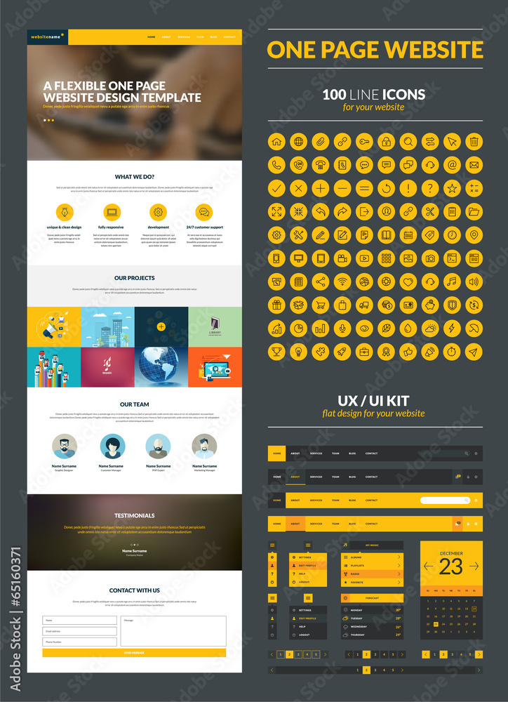 One page website design template, ux/ui kit and icons - obrazy, fototapety, plakaty 