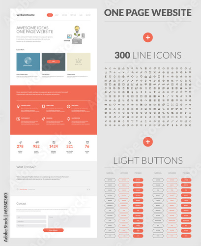 One page website design template, set of icons and buttons