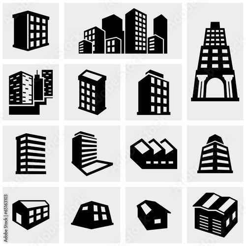 Building vector icons set on gray