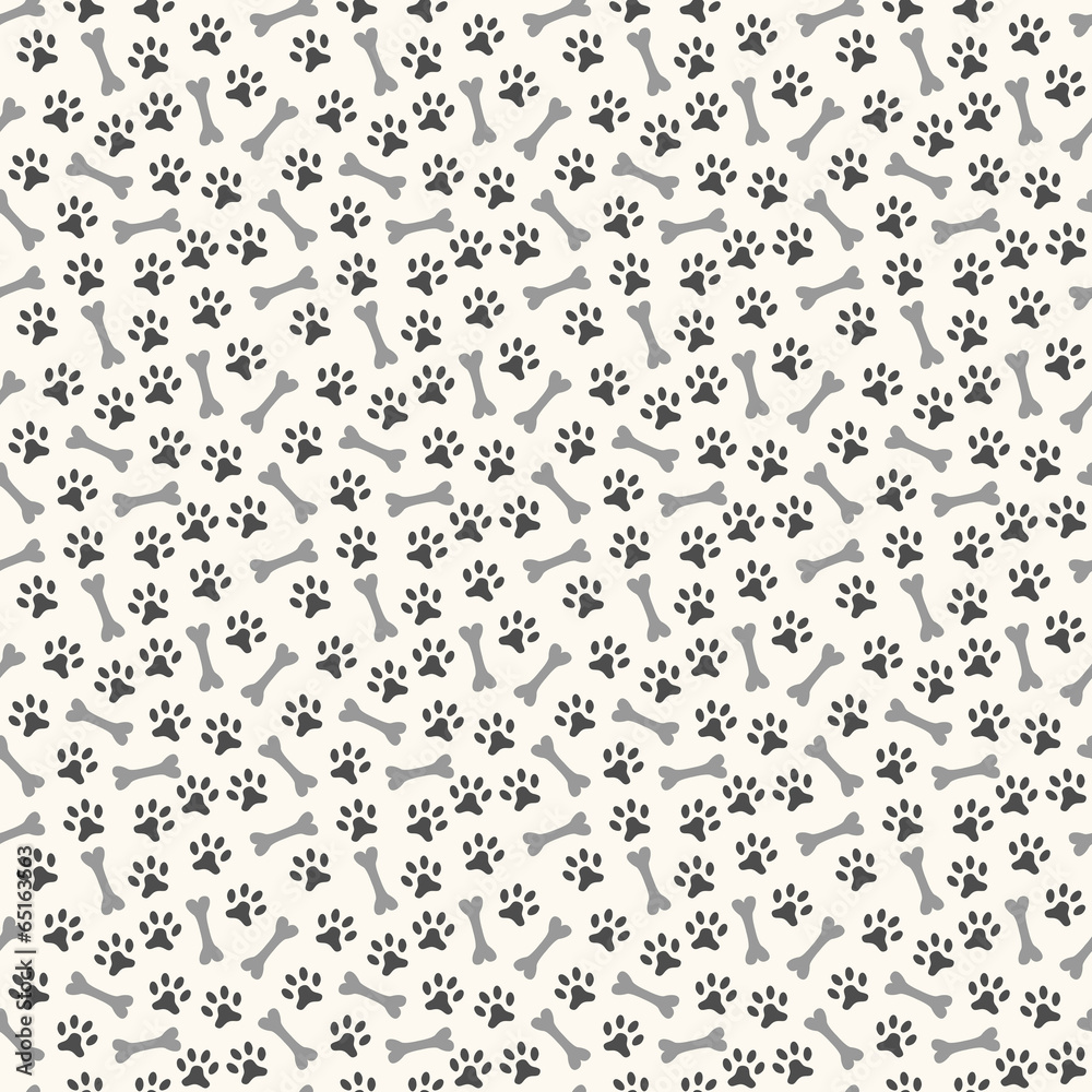 Animal seamless vector pattern of paw footprint and bone. Endles