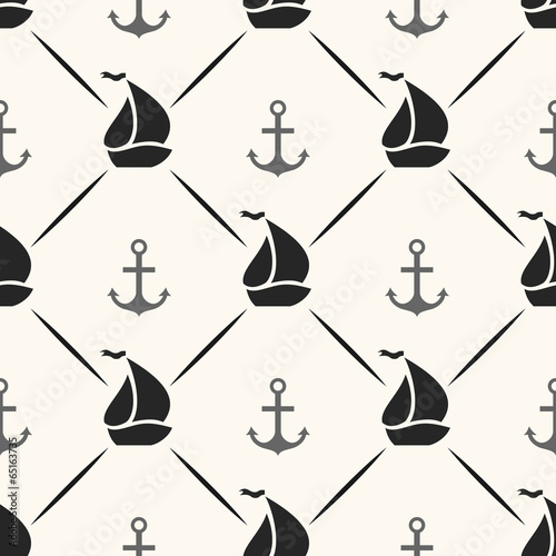 Seamless vector pattern of anchor, sailboat shape and line